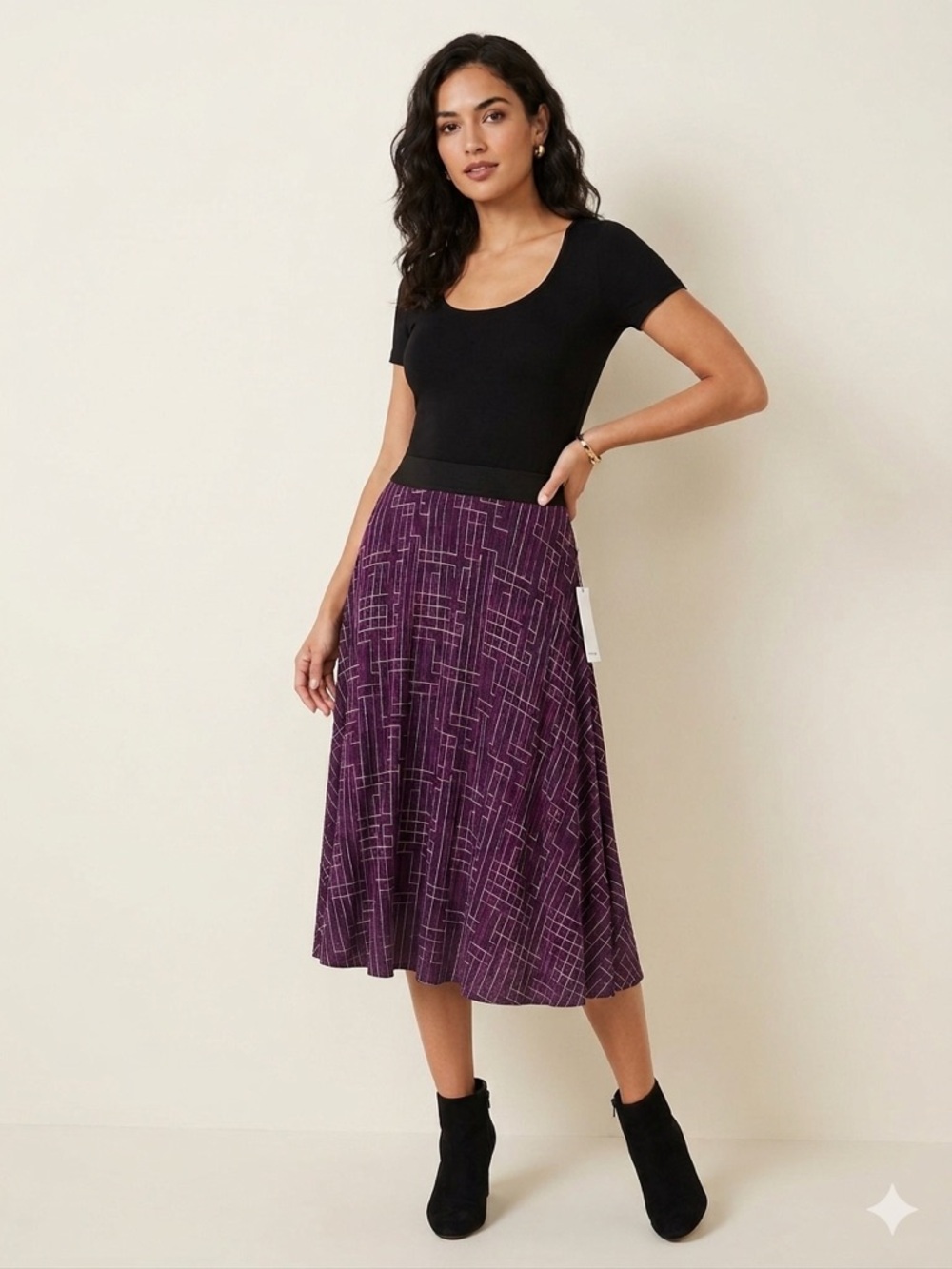 Calvin Klein Purple Geometric Midi Skirt M NWT High Low Flare Career Chic